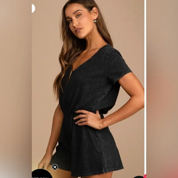 Lulus Black Acid Wash Open Back Tie Detail Short Sleeve Romper New - Picture 4 of 11